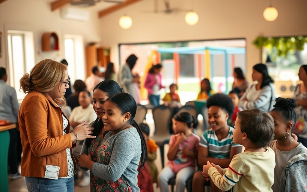 A Community Center Bustling With Families, Warm Lighting Casting A Welcoming Glow. In The Foreground, A Counselor Guides A Young Mother And Child Through Various Support Services - Medical, Legal, And Social. In The Middle Ground, A Group Gathers For A Parenting Workshop, Fostering Connections And Resilience. The Background Reveals An Outdoor Play Area, Children Laughing As They Explore, Supported By Vigilant Caregivers. A Atmosphere Of Empowerment, Care, And Solidarity Pervades The Scene, Reflecting The Community'S Commitment To Uplift Families In Need. A Community Center Bustling With Families, Warm Lighting Casting A Welcoming Glow. In The Foreground, A Counselor Guides A Young Mother And Child Through Various Support Services - Medical, Legal, And Social. In The Middle Ground, A Group Gathers For A Parenting Workshop, Fostering Connections And Resilience. The Background Reveals An Outdoor Play Area, Children Laughing As They Explore, Supported By Vigilant Caregivers. A Atmosphere Of Empowerment, Care, And Solidarity Pervades The Scene, Reflecting The Community'S Commitment To Uplift Families In Need.