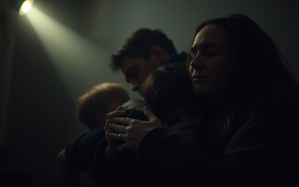 A Dimly Lit Interior, A Family Huddled Together, Faces Shrouded In Shadow. The Air Is Thick With Tension, An Oppressive Atmosphere Weighing Heavily On Their Shoulders. In The Foreground, A Parent'S Trembling Hands, Their Eyes Downcast, Reflecting The Emotional Turmoil Within. The Children, Huddled Close, Their Expressions A Mix Of Fear And Uncertainty. The Background Fades Into A Hazy, Muted Palette, Emphasizing The Isolation And Disconnect Within The Family Unit. A Single Beam Of Light, Cutting Through The Gloom, Casts A Somber, Melancholic Glow, Highlighting The Vulnerability And Pain Etched On Their Features. The Scene Conveys The Profound Impact Of Domestic Violence, The Scars It Leaves On The Emotional And Psychological Well-Being Of Every Family Member. A Dimly Lit Interior, A Family Huddled Together, Faces Shrouded In Shadow. The Air Is Thick With Tension, An Oppressive Atmosphere Weighing Heavily On Their Shoulders. In The Foreground, A Parent'S Trembling Hands, Their Eyes Downcast, Reflecting The Emotional Turmoil Within. The Children, Huddled Close, Their Expressions A Mix Of Fear And Uncertainty. The Background Fades Into A Hazy, Muted Palette, Emphasizing The Isolation And Disconnect Within The Family Unit. A Single Beam Of Light, Cutting Through The Gloom, Casts A Somber, Melancholic Glow, Highlighting The Vulnerability And Pain Etched On Their Features. The Scene Conveys The Profound Impact Of Domestic Violence, The Scars It Leaves On The Emotional And Psychological Well-Being Of Every Family Member.