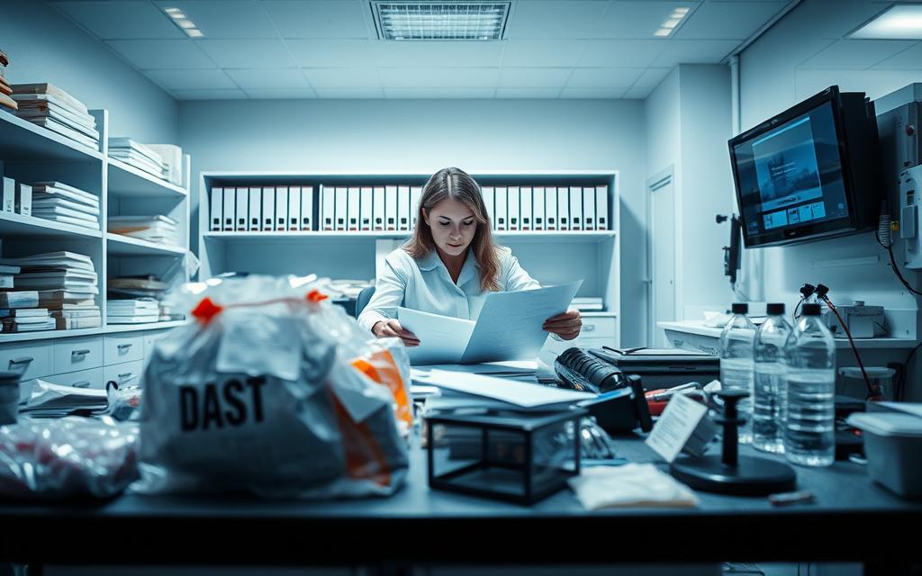 A Meticulously Lit Forensic Lab, Bathed In Cool, Clinical Lighting. In The Foreground, A Table Laden With Evidence Bags, Fingerprint Dust, And Other Investigative Tools. In The Middle Ground, A Detective Scrutinizes Documents, Her Brow Furrowed In Concentration. The Background Showcases Shelves Of Case Files And A Wall-Mounted Digital Display, Providing A Sense Of The Broader Investigative Process. The Atmosphere Is One Of Focused Intensity, As The Team Gathers The Necessary Evidence To Support A Wrongful Termination Claim. A Meticulously Lit Forensic Lab, Bathed In Cool, Clinical Lighting. In The Foreground, A Table Laden With Evidence Bags, Fingerprint Dust, And Other Investigative Tools. In The Middle Ground, A Detective Scrutinizes Documents, Her Brow Furrowed In Concentration. The Background Showcases Shelves Of Case Files And A Wall-Mounted Digital Display, Providing A Sense Of The Broader Investigative Process. The Atmosphere Is One Of Focused Intensity, As The Team Gathers The Necessary Evidence To Support A Wrongful Termination Claim.