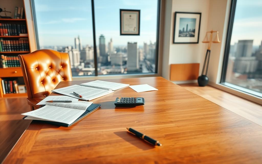 A Spacious, Warmly Lit Office Setting With A Sturdy Oak Desk And Chair In The Foreground. On The Desk, Various Financial Documents, A Calculator, And A Pen Lie Neatly Arranged, Conveying A Sense Of Organized Decision-Making. In The Middle Ground, A Wall-Mounted Bookshelf Filled With Law Books And A Framed Certificate Hints At The Legal Expertise Required For Child Support Matters. The Background Depicts A Large Window Overlooking A Bustling City Skyline, Suggesting The Broader Context And Complexity Of The Topic. The Overall Atmosphere Is One Of Professionalism, Diligence, And The Careful Consideration Of The Factors That Influence Child Support Payments.