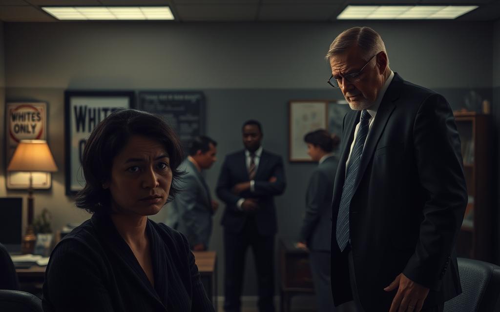 A Tense, Dimly Lit Office Setting. In The Foreground, A Person With A Concerned Expression Being Reprimanded By A Stern-Faced Manager. In The Middle Ground, Subtle But Unsettling Signs Of Bias - A &Quot;Whites Only&Quot; Sign, Outdated Decor, And Uncomfortable Body Language Between Coworkers. The Background Casts An Oppressive, Authoritarian Atmosphere With Imposing Shadows And Muted Tones, Evoking A Sense Of Unease And Injustice. The Scene Conveys The Uncomfortable Reality Of Workplace Discrimination, With The Overall Composition And Lighting Emphasizing The Power Dynamics And Discomfort Experienced By The Subjected Employee. A Tense, Dimly Lit Office Setting. In The Foreground, A Person With A Concerned Expression Being Reprimanded By A Stern-Faced Manager. In The Middle Ground, Subtle But Unsettling Signs Of Bias - A &Quot;Whites Only&Quot; Sign, Outdated Decor, And Uncomfortable Body Language Between Coworkers. The Background Casts An Oppressive, Authoritarian Atmosphere With Imposing Shadows And Muted Tones, Evoking A Sense Of Unease And Injustice. The Scene Conveys The Uncomfortable Reality Of Workplace Discrimination, With The Overall Composition And Lighting Emphasizing The Power Dynamics And Discomfort Experienced By The Subjected Employee.