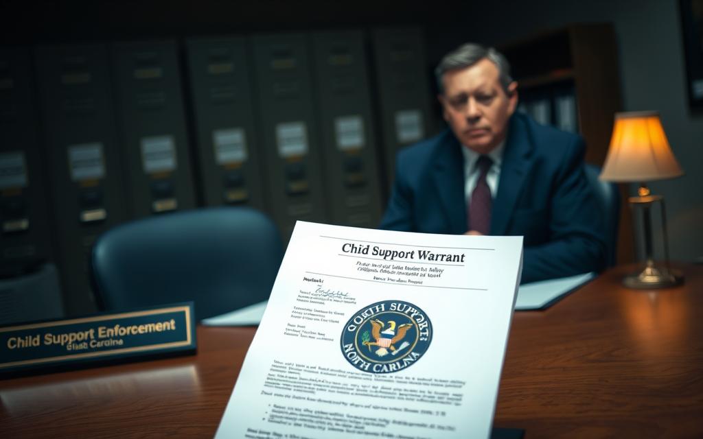 A Dimly Lit Government Office, A Desk With A Nameplate Reading &Quot;Child Support Enforcement&Quot; Stands In The Foreground. On The Desk, An Official-Looking Document With The North Carolina State Seal, Depicting A Child Support Warrant. A Middle-Aged Man In A Suit Sits Across The Desk, A Concerned Expression On His Face. The Background Features Filing Cabinets And Shelves, Hinting At The Bureaucratic Nature Of The Process. The Scene Is Lit By A Warm, Desk Lamp, Creating A Somber, Serious Atmosphere, Reflecting The Gravity Of The Situation.