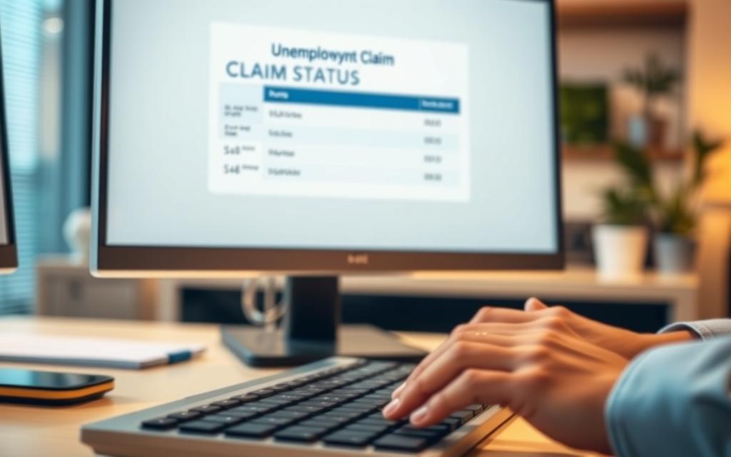 A Serene Office Setting With A Computer Screen Displaying An Unemployment Claim Status. The Foreground Features A Person'S Hands Typing On The Keyboard, Captured In Soft, Warm Lighting. The Middle Ground Showcases The Monitor, With A Clean, Intuitive Interface Showing The Progress Of The Claim. The Background Subtly Blurs, Creating A Sense Of Focus On The Critical Information Being Accessed. The Overall Atmosphere Conveys A Sense Of Efficiency, Professionalism, And A Smooth, Straightforward Process For The Claimant. A Serene Office Setting With A Computer Screen Displaying An Unemployment Claim Status. The Foreground Features A Person'S Hands Typing On The Keyboard, Captured In Soft, Warm Lighting. The Middle Ground Showcases The Monitor, With A Clean, Intuitive Interface Showing The Progress Of The Claim. The Background Subtly Blurs, Creating A Sense Of Focus On The Critical Information Being Accessed. The Overall Atmosphere Conveys A Sense Of Efficiency, Professionalism, And A Smooth, Straightforward Process For The Claimant.