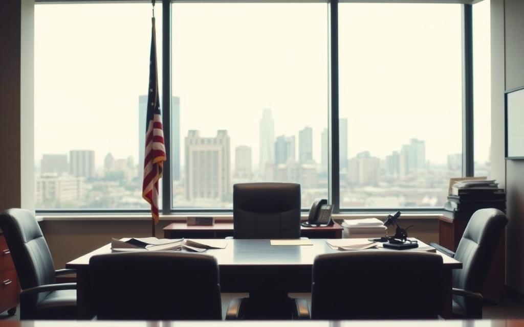 A Well-Lit Government Office Interior, With A Desk And Chairs In The Foreground. Behind The Desk, A Large Window Offers A View Of A City Skyline, Suggesting An Urban Setting. Scattered Documents, A Computer, And A Telephone On The Desk Convey A Sense Of Administrative Tasks. The Mood Is Professional And Slightly Formal, Reflecting The Serious Nature Of Child Support Enforcement In North Carolina. The Lighting Is Soft And Even, Creating A Sense Of Calm And Efficiency. The Camera Angle Is Slightly Elevated, Creating A Slight Downward Perspective To Emphasize The Official Nature Of The Space.